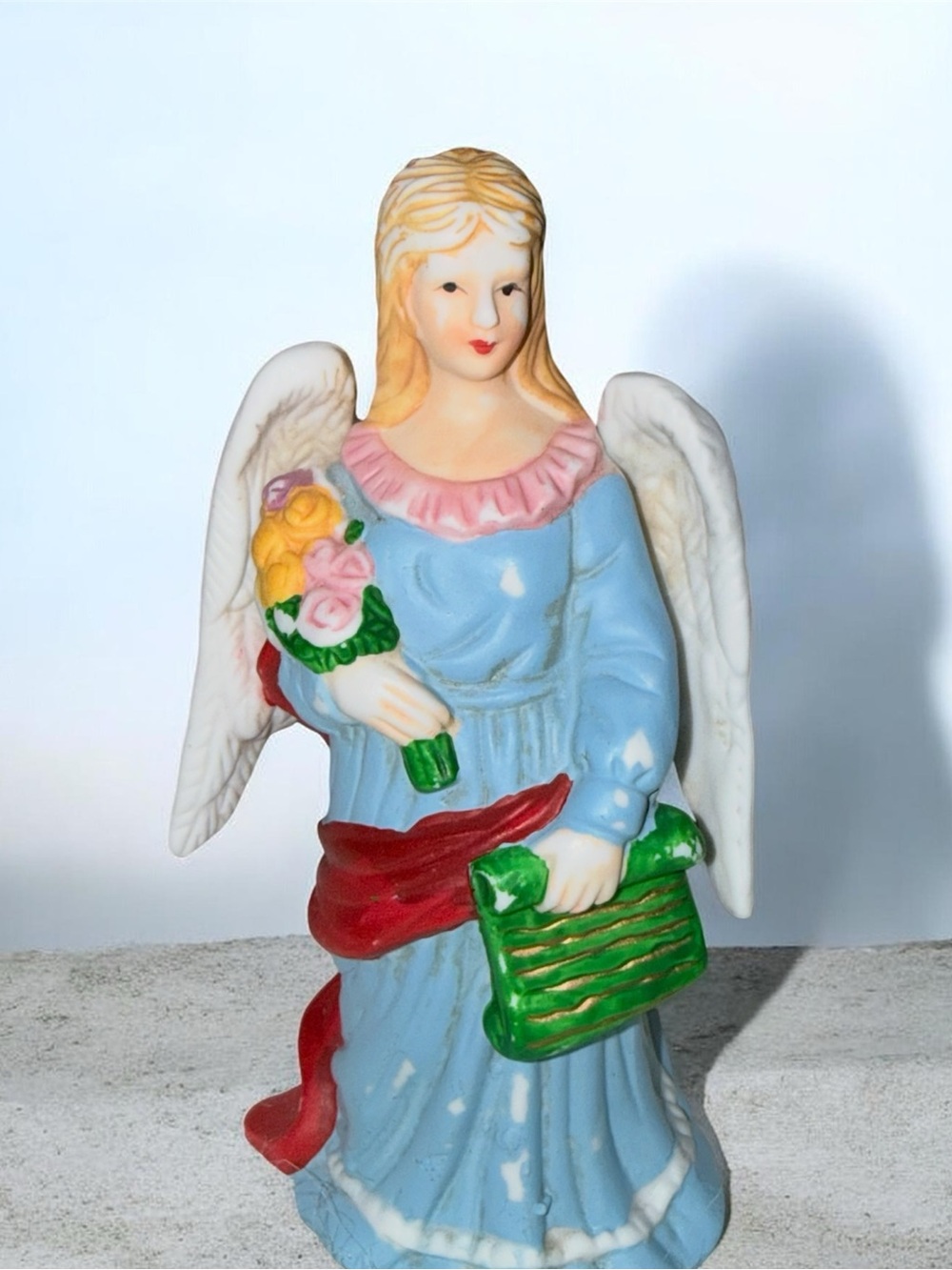 Vintage Homco Porcelain Angel Figurine Holding Basket of Roses Decor Collectible